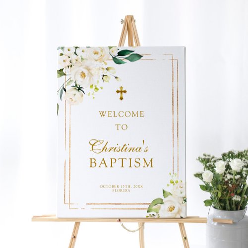 White Rose  Greenery Leaves Baptism Welcome Sign
