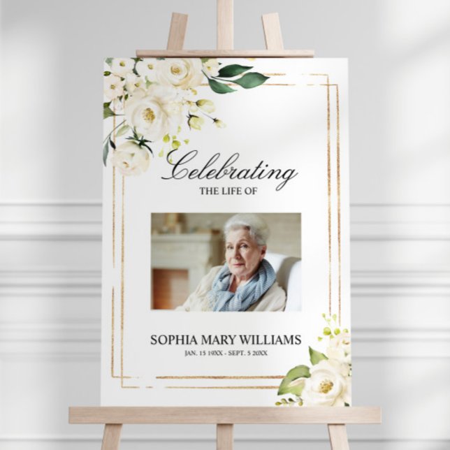 White Rose & Greenery Leaves Funeral Welcome Sign (Creator Uploaded)
