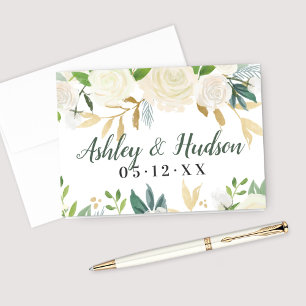 White Rose Greenery Monogram Wedding Note Card