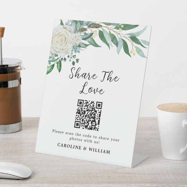 White Rose Greenery Share The Love Photo Pedestal Sign (In SItu)