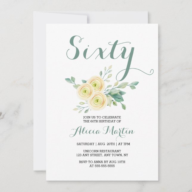White Rose Greenery Sixty Birthday Invitation (Front)