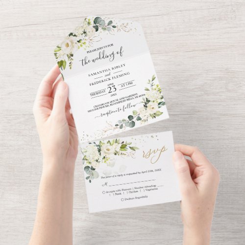 White Rose Greenery Wedding All In One  All In One Invitation