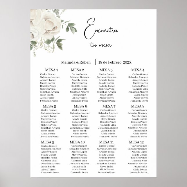 White Rose Greenery wedding seating chart (Front)
