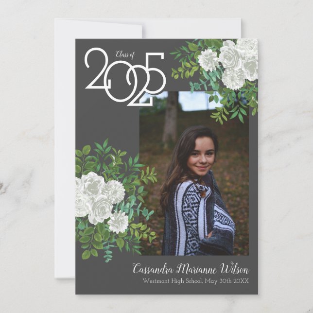 White Rose Grey Photo Graduation Announcement (Front)