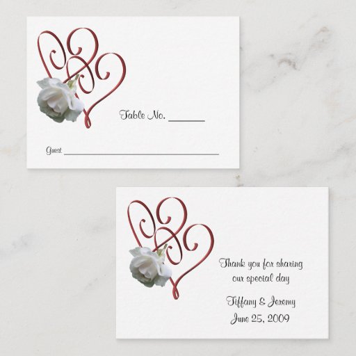 Customizable White Rose Heart Wedding Table Place Cards Business Card Templates