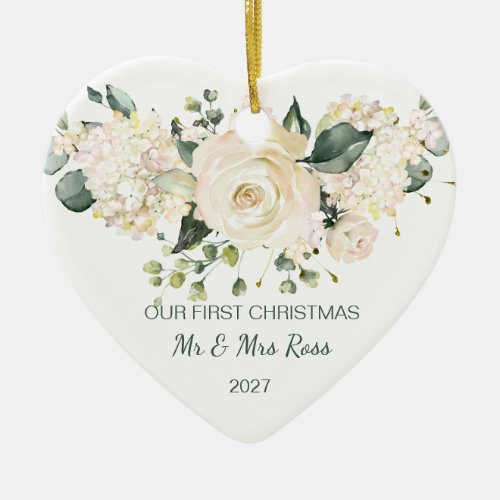 White rose hydrangea 1st Christmas Photo Ceramic Ornament