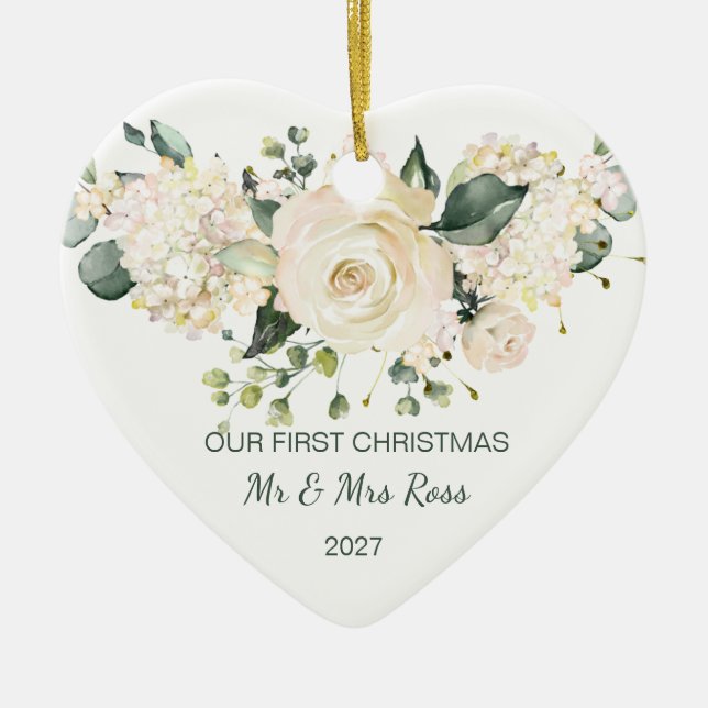 White rose, hydrangea 1st Christmas Photo Ceramic Ornament (Front)