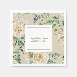 White Rose Hydrangea Beige Bride Groom Wedding Napkins
