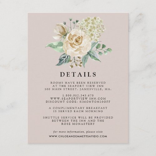 White Rose Hydrangea Floral Wedding Guest Details Enclosure Card