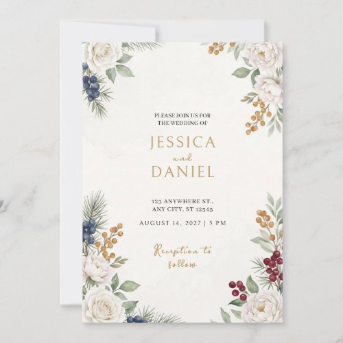 White Rose Juniper Berry Wedding Invitation