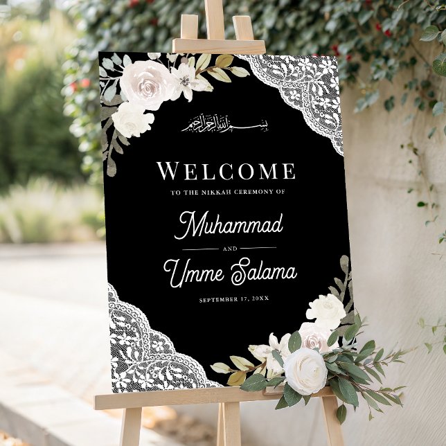 White Rose Lace Black Muslim Wedding Welcome Sign (Creator Uploaded)