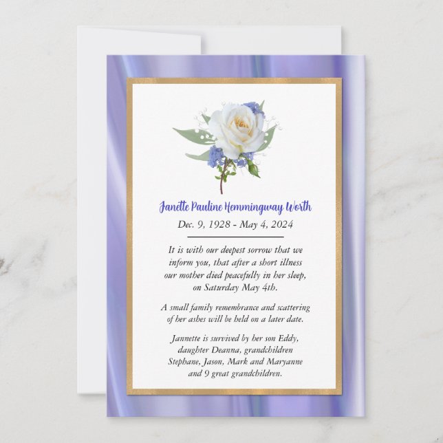 White Rose Lavender Death Announcement Card (Front)