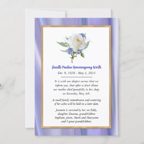 White Rose Lavender Death Announcement Card