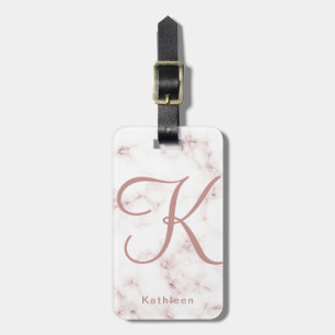 White Rose Marble Rose Gold Monogrammed Initial Luggage Tag