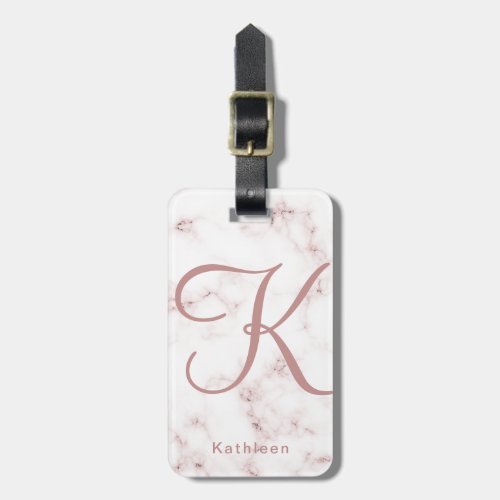 White Rose Marble Rose Gold Monogrammed Initial Luggage Tag
