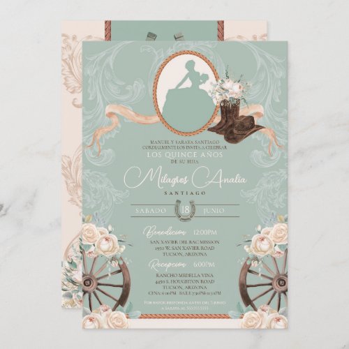 White Rose Mint Elegant Charro Western Quinceanera Invitation