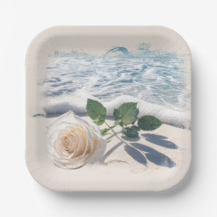 White Rose On Beach Sand Paper Plates