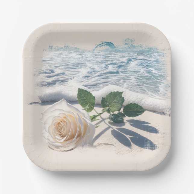White Rose On Beach Sand  Paper Plates (Front)