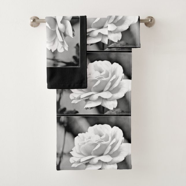 White Rose on Black Bathroom Towels (Insitu)