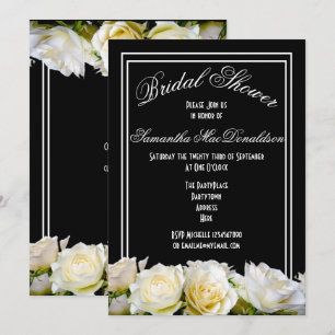 White rose on black floral bridal shower invitation