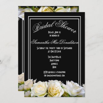 White Rose On Black Floral Bridal Shower Invitation by personalized_wedding at Zazzle