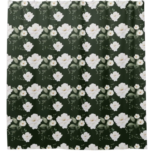 White Rose on Black Floral Shower Curtain Bathroom (Front)