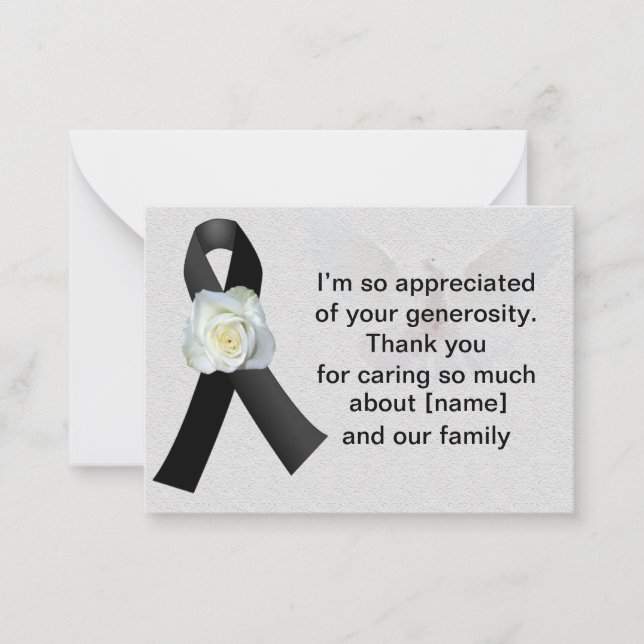 White Rose On Black Ribbon After Funeral Thank You Note Card (Front)