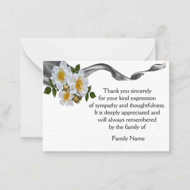 White Rose On Black Ribbon After Funeral Thank You Note Card (Front)