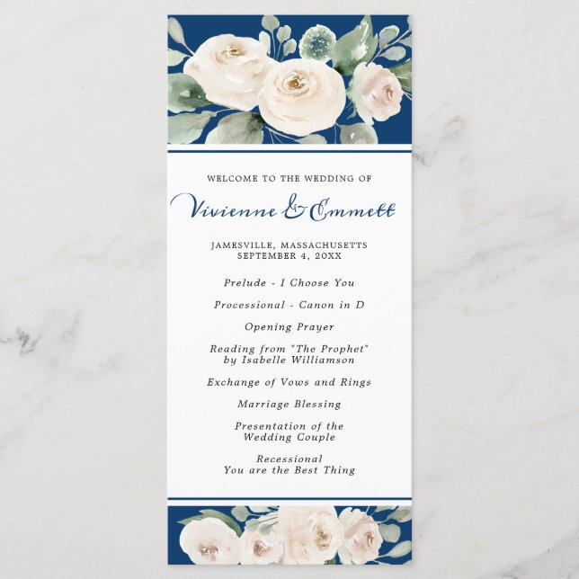 White Rose on Navy Blue Wedding Program (Front)
