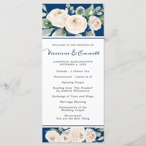 White Rose on Navy Blue Wedding Program