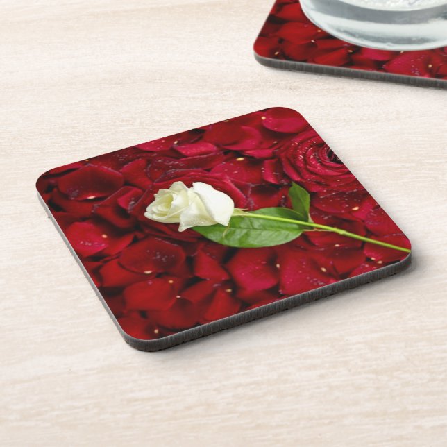 White Rose On Red Petals Beverage Coaster (Left Side)