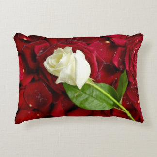 White Rose On Red Petals Decorative Pillow