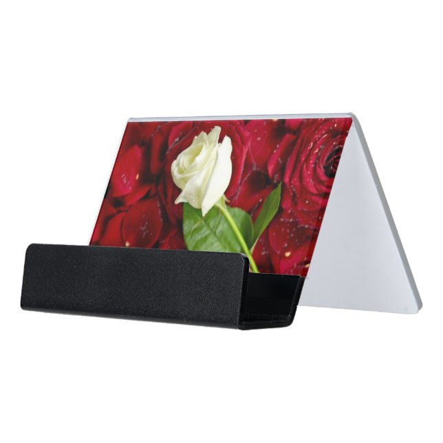 White Rose On Red Petals Desk Business Card Holder (Angled Front)