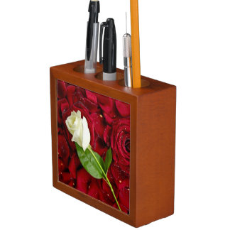 White Rose On Red Petals Pencil Holder