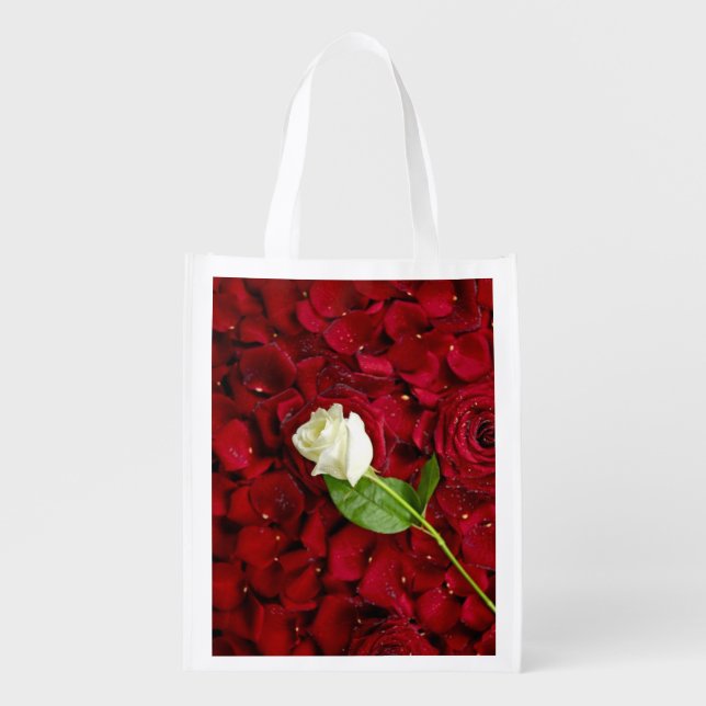 White Rose On Red Petals Reusable Grocery Bag (Front)