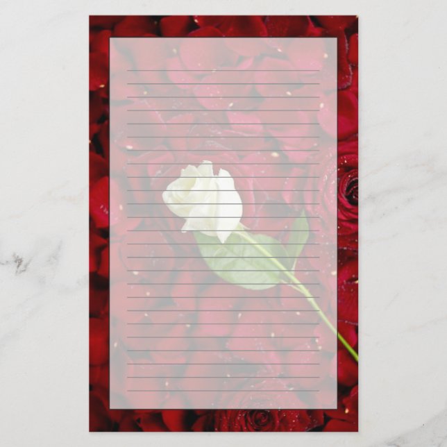 White Rose On Red Petals Stationery (Front)