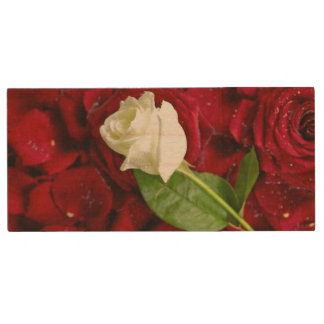 White Rose On Red Petals Wood Flash Drive