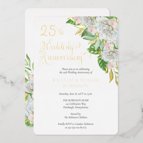 White Rose Orchid 25th Wedding Anniversary Party Foil Invitation