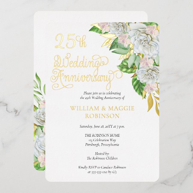 White Rose Orchid 25th Wedding Anniversary Party Foil Invitation (Front/Back)