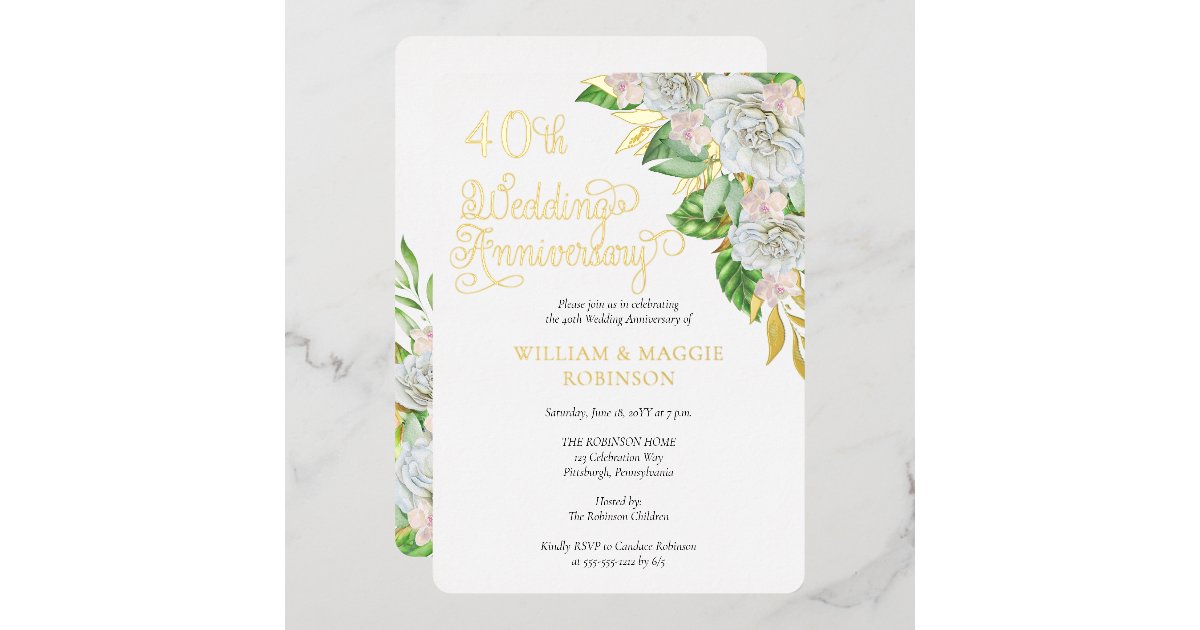 White Rose Orchid 40th Wedding Anniversary Party Foil Invitation | Zazzle