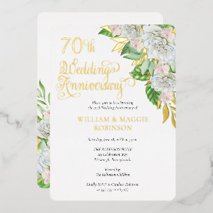 White Rose Orchid 70th Wedding Anniversary Party Foil Invitation