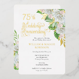 White Rose Orchid 75th Wedding Anniversary Party Foil Invitation