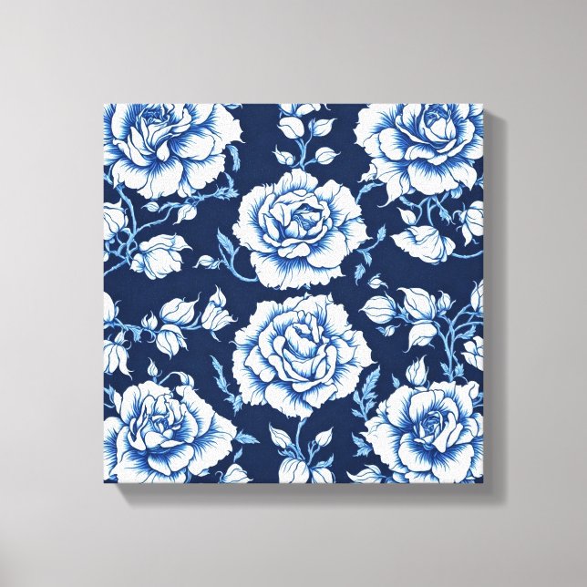 White Rose Pattern & Royal Blue Background Art Canvas Print (Front)