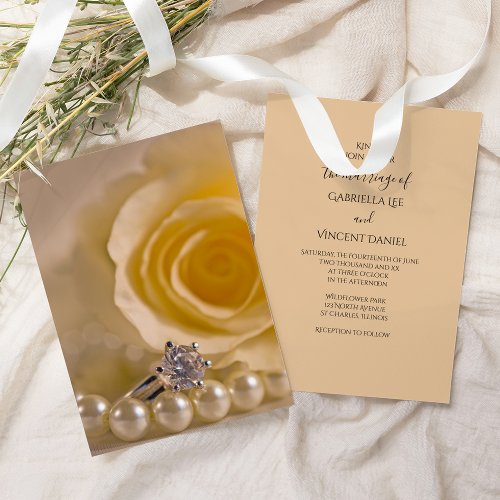White Rose Pearls and Diamond Ring Wedding Invitation