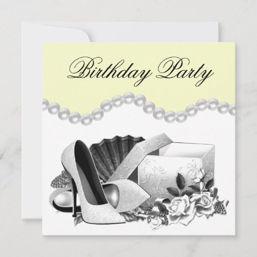 White Rose Pearls High Heels Yellow Birthday Party Invitation