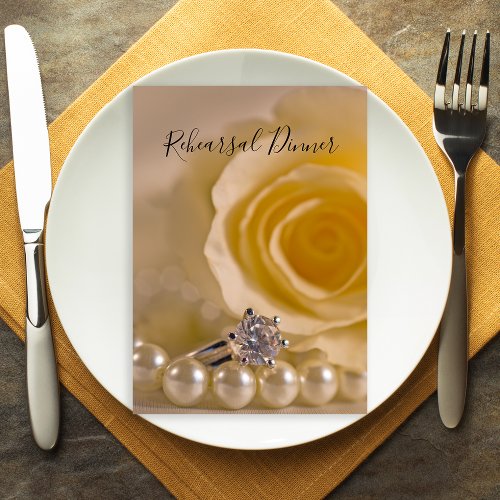 White Rose Pearls Ring Wedding Rehearsal Dinner Invitation