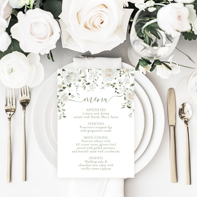 White Rose Peony Flower & Greenery Wedding Menu (Creator Uploaded)