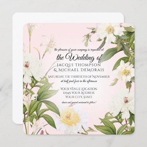 White Rose Peony Vintage Botanical Floral Wedding Invitation
