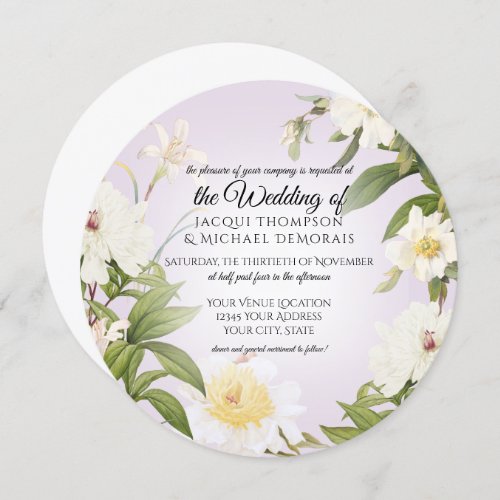 White Rose Peony Vintage Lavender Floral Wedding Invitation