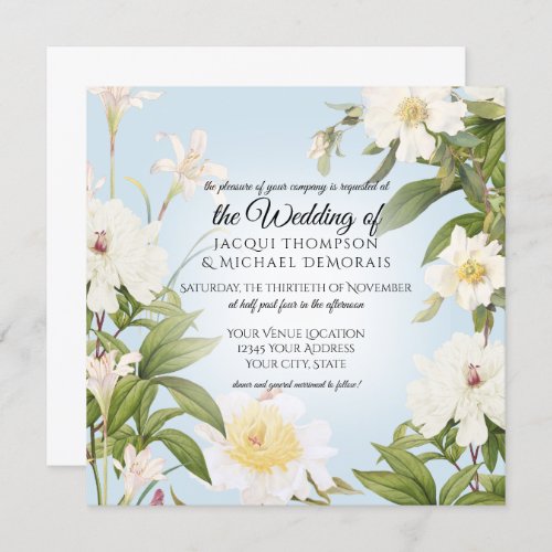 White Rose Peony Vintage Sky Blue Floral Wedding Invitation